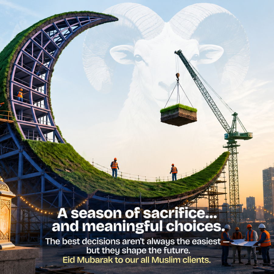 Eid construction greeting with crescent moon