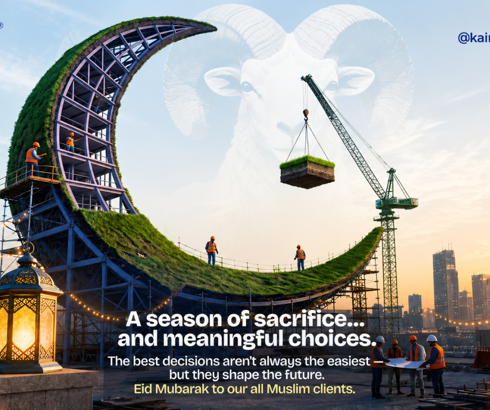Eid construction greeting with crescent moon